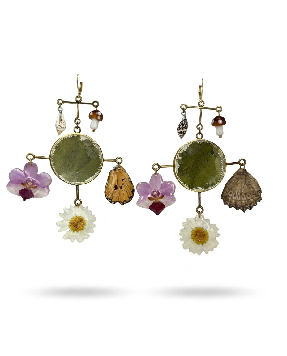 Pink Orchid Daisy Butterfly Wing Leaves Chandelier Dangle Earring