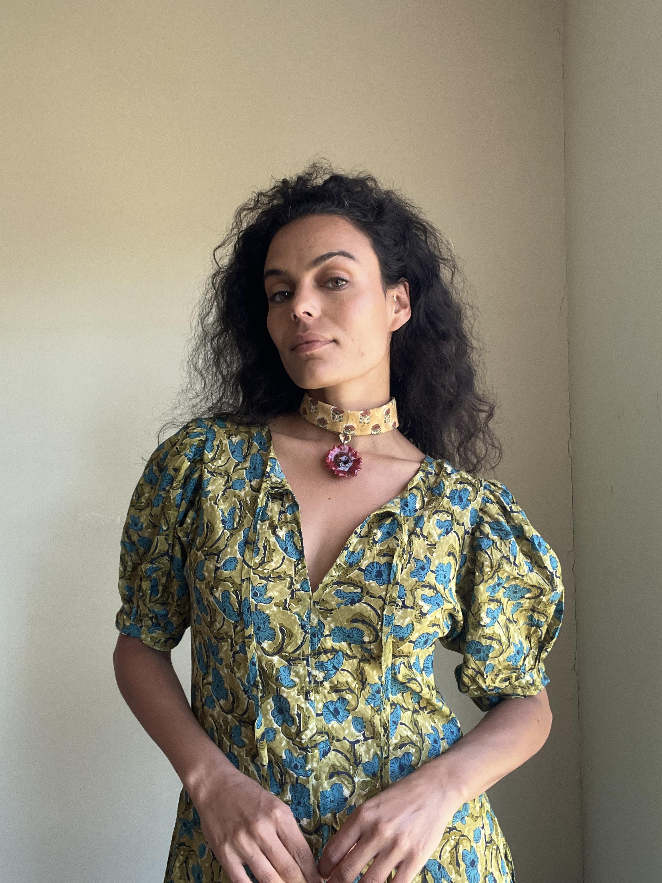 RED mini gerbara daisy on mustard choker