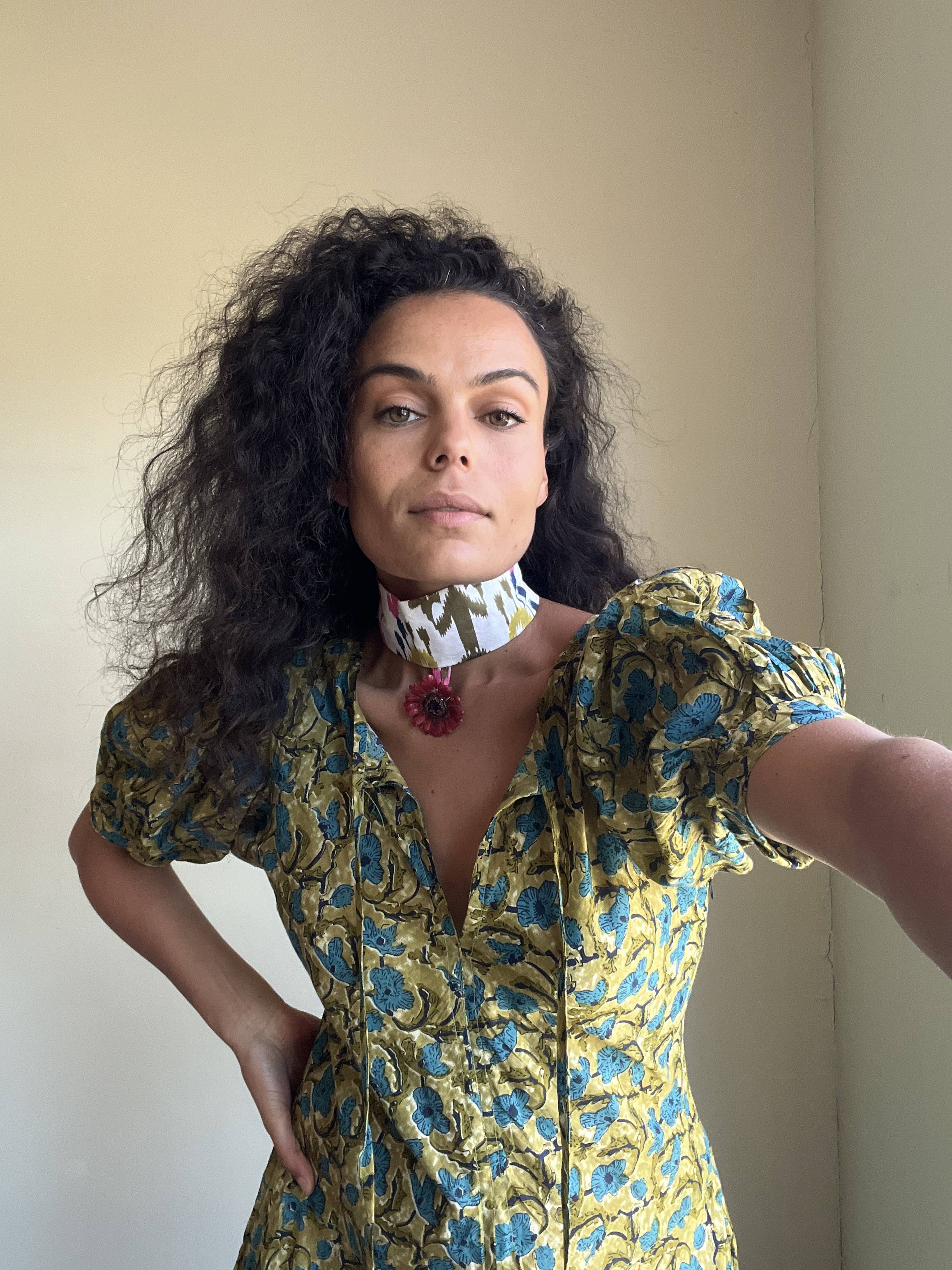 Mini Red Gerbera on White Multi-Coloured Print Cotton Choker