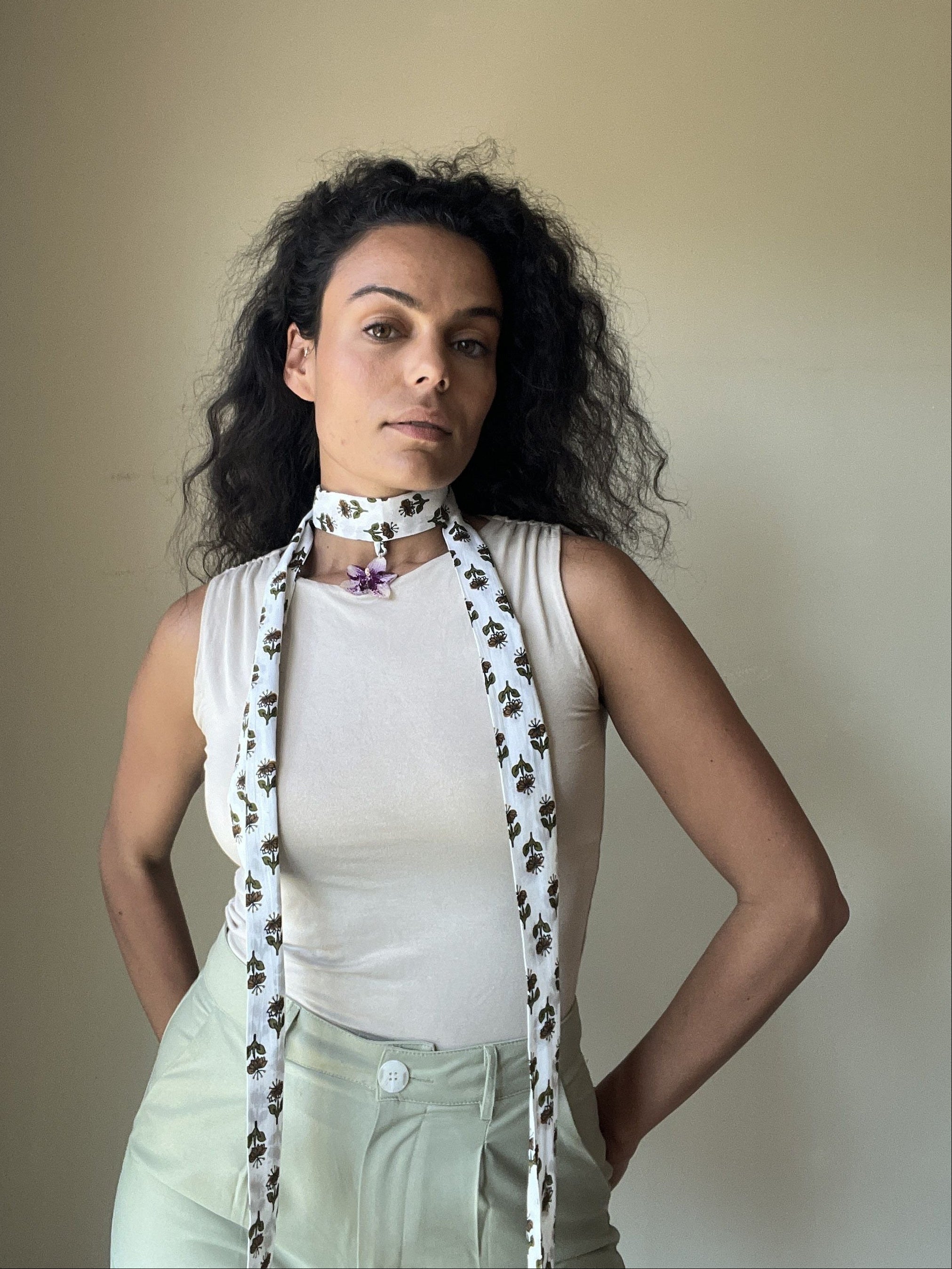 Small White and Purple Orchid on White Hand-Printed Choker Scarf.