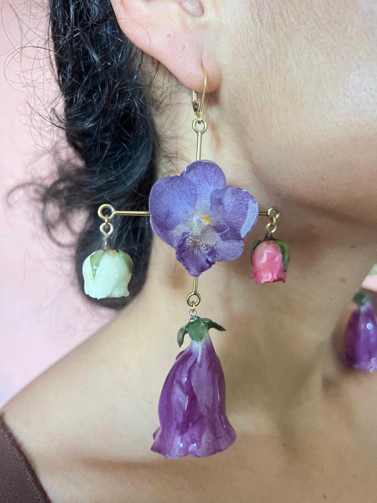 Floral Chandelier Earrings Featuring Foxglove Orchid And Rose