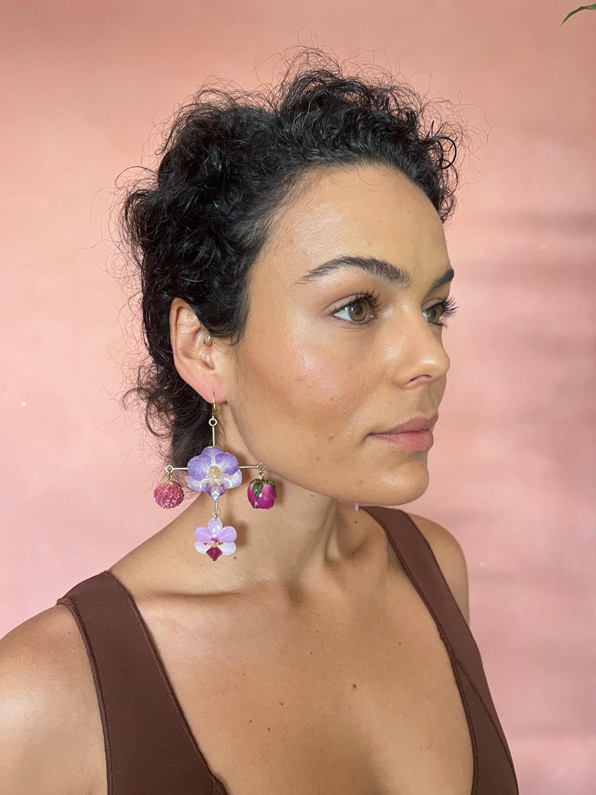 Chandelier Dangle Earrings Featuring Pink And Purple Orchid, Rose Bud And Amaranth