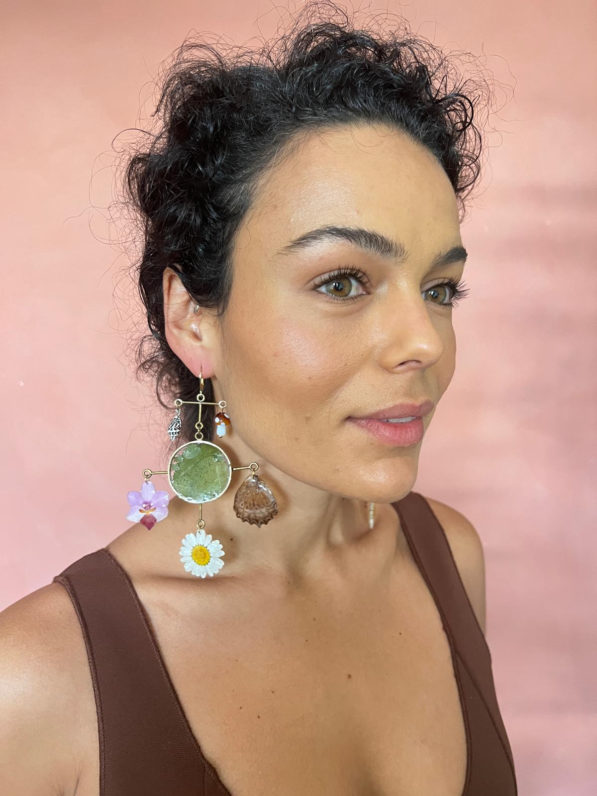 Pink Orchid Daisy Butterfly Wing Leaves Chandelier Dangle Earring