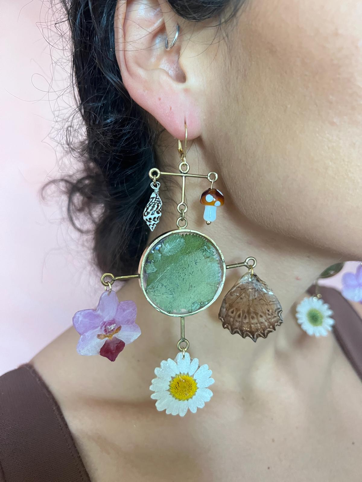 Pink Orchid Daisy Butterfly Wing Leaves Chandelier Dangle Earring