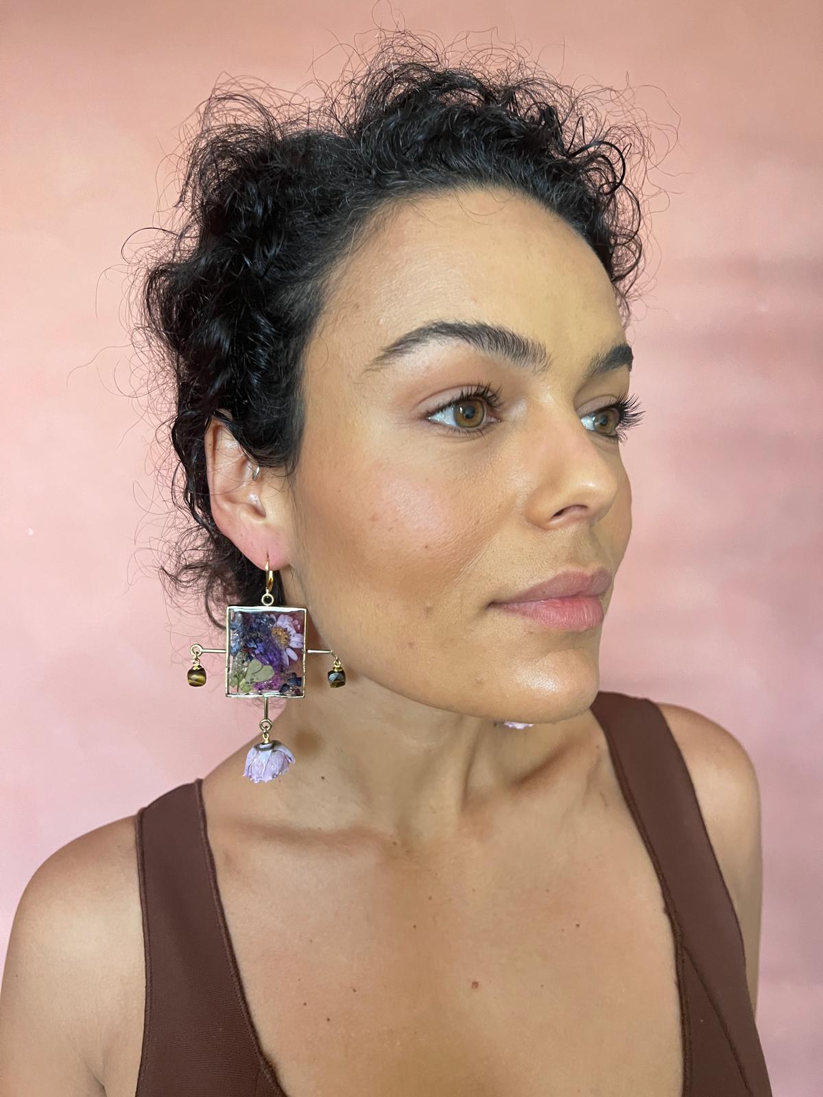 Chandelier Square Dangle Earrings Featuring Purple Rose Buds And Tiger Eye Gemstones