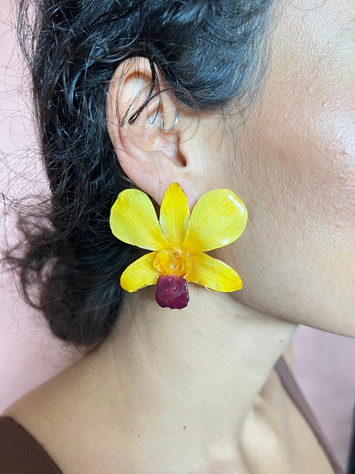Real yellow orchid studs