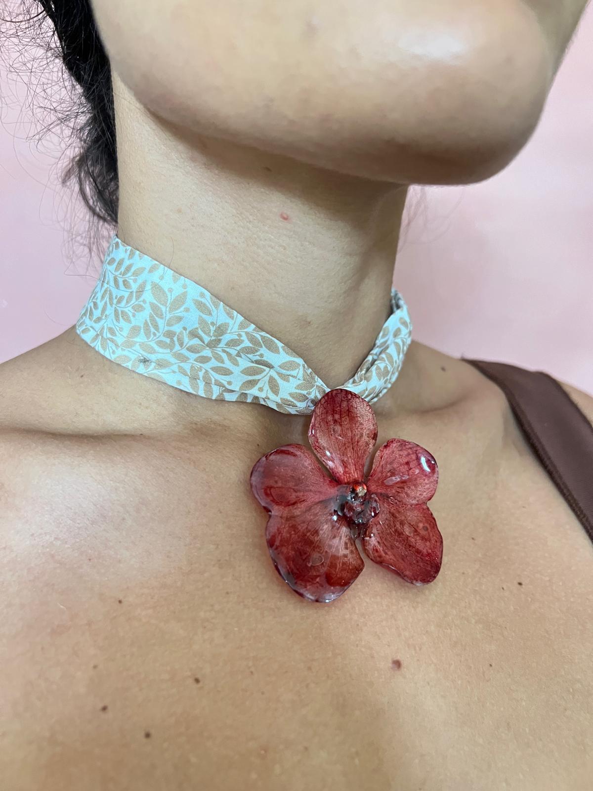 Vanda orchid on recycled fabric choker