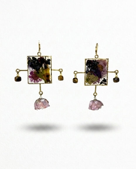 Chandelier Square Dangle Earrings Featuring Purple Rose Buds And Tiger Eye Gemstones