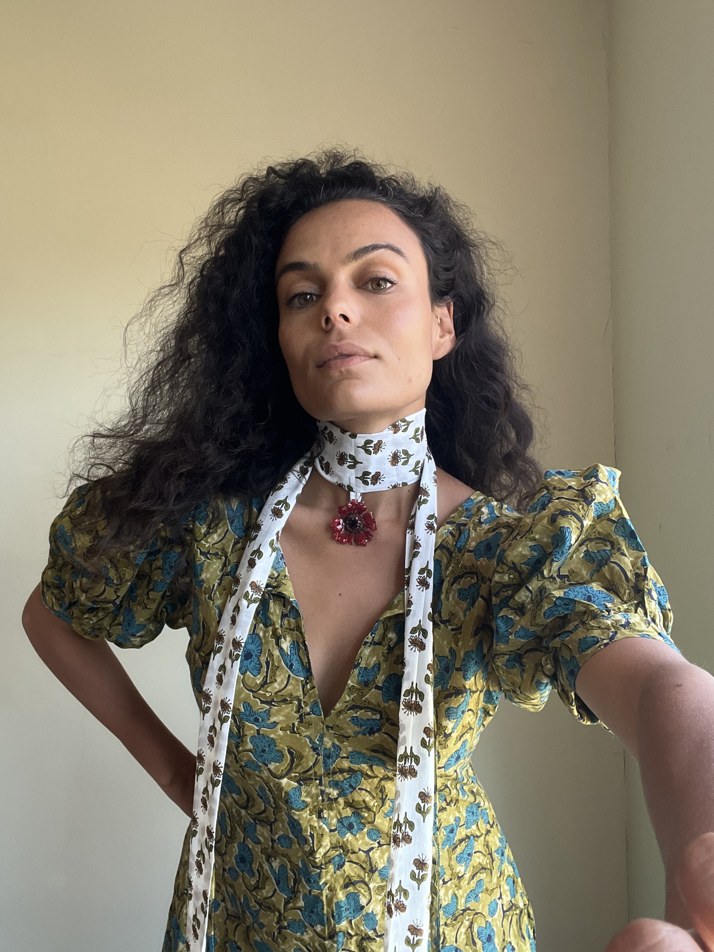 Mini Gerbera on Hand-Printed Choker scarf.