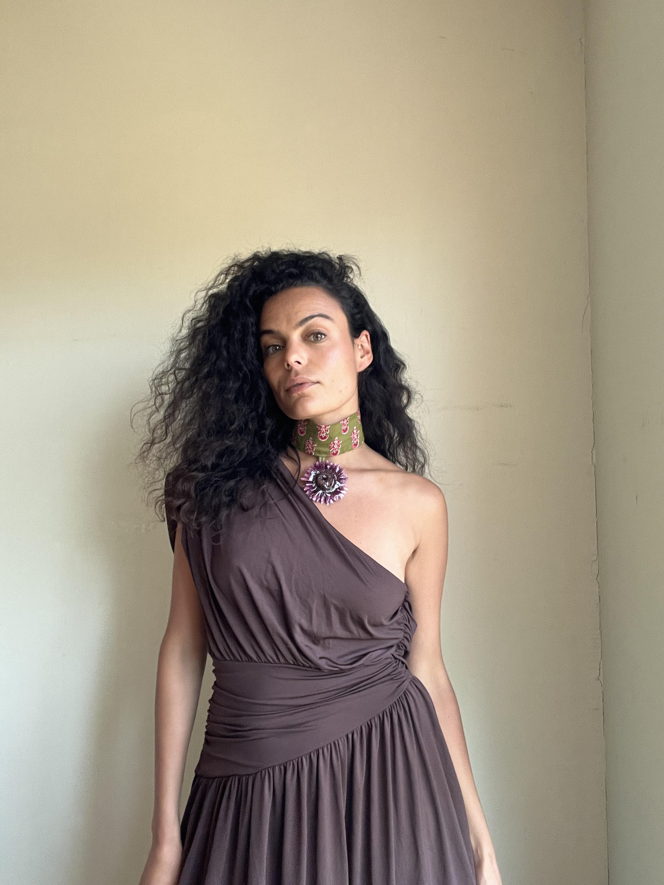 Purple Gerbera, on Green + Red Hand-Printed Choker