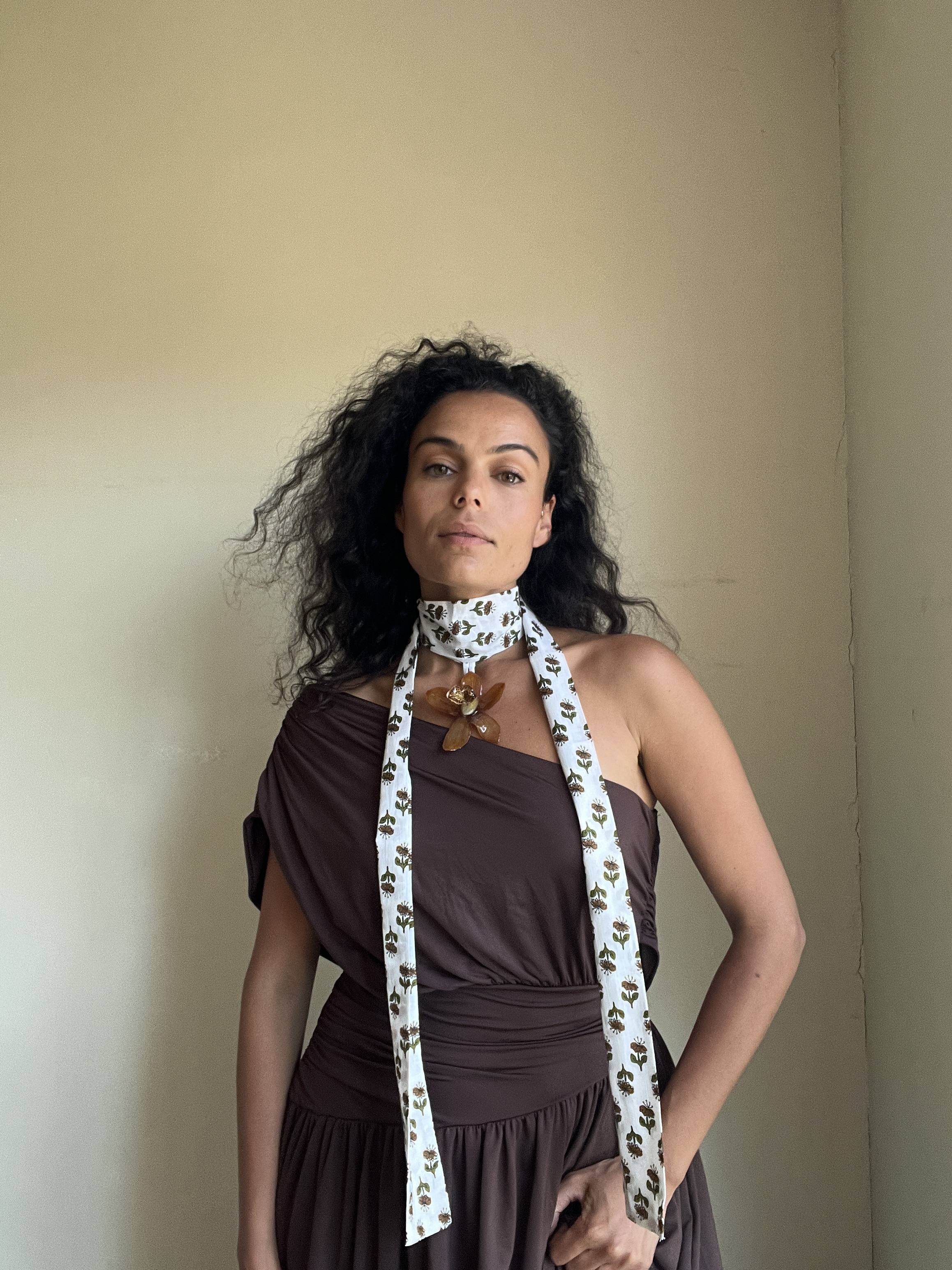 XL Brown orchid on White handblockprinted scarf.