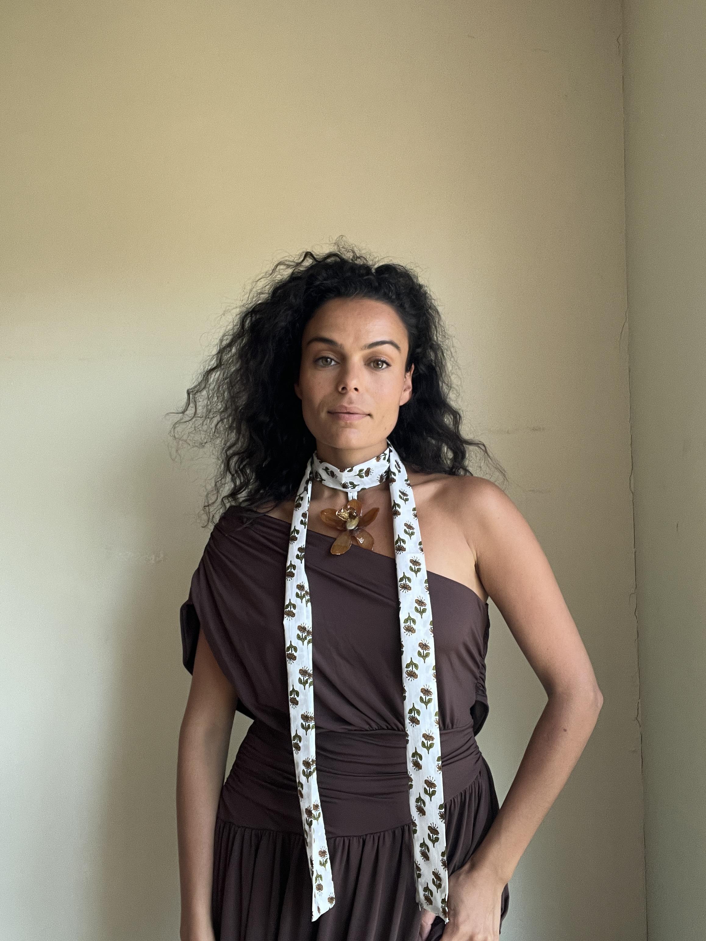 XL Brown orchid on White handblockprinted scarf.