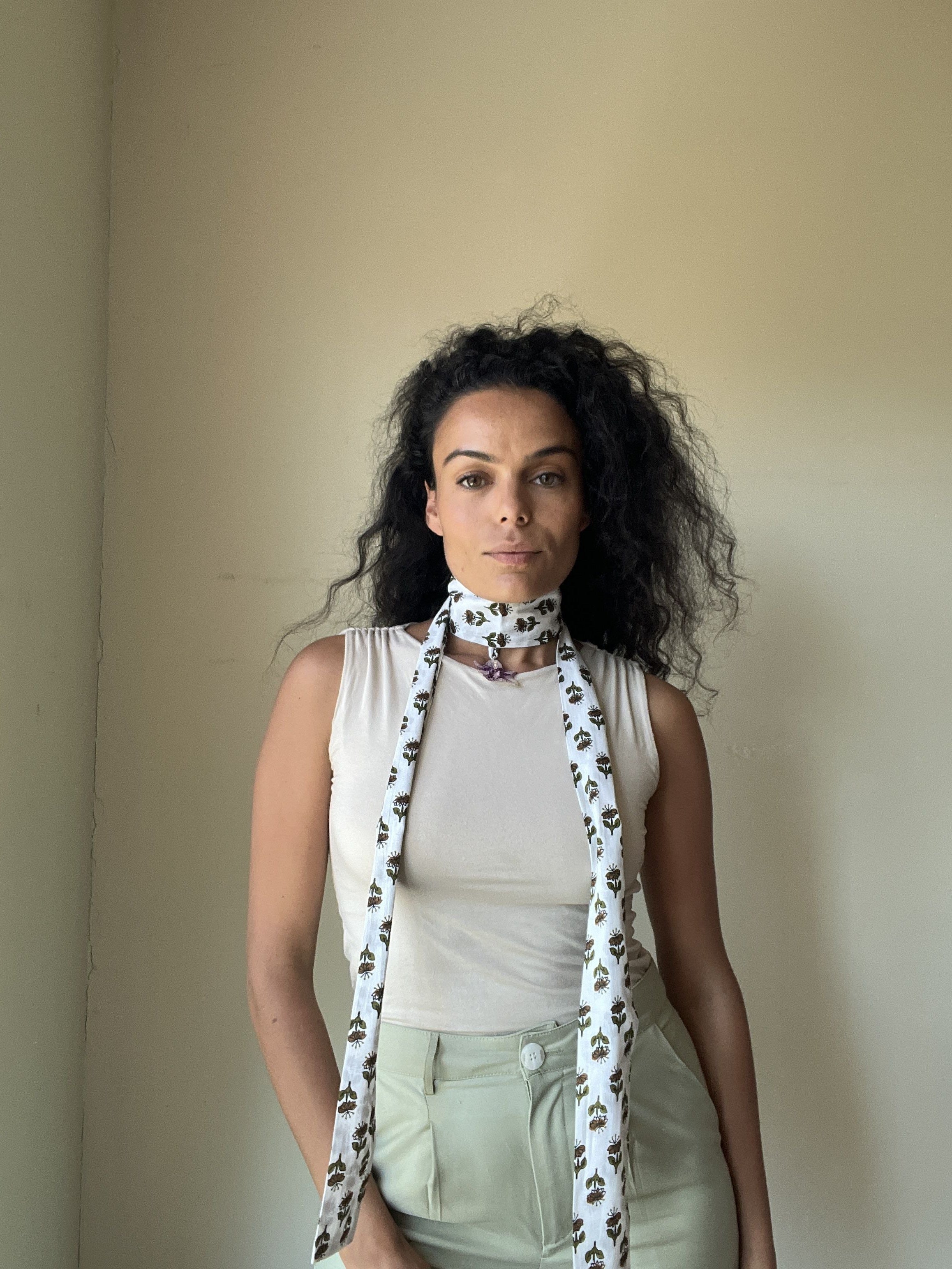 Small White and Purple Orchid on White Hand-Printed Choker Scarf.