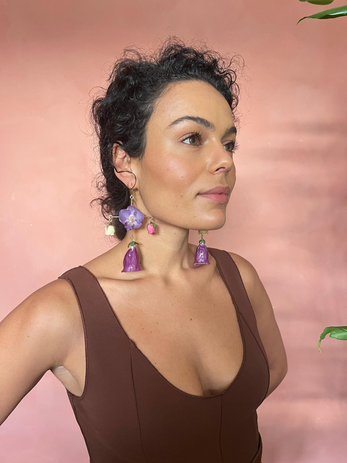 Floral Chandelier Earrings Featuring Foxglove Orchid And Rose