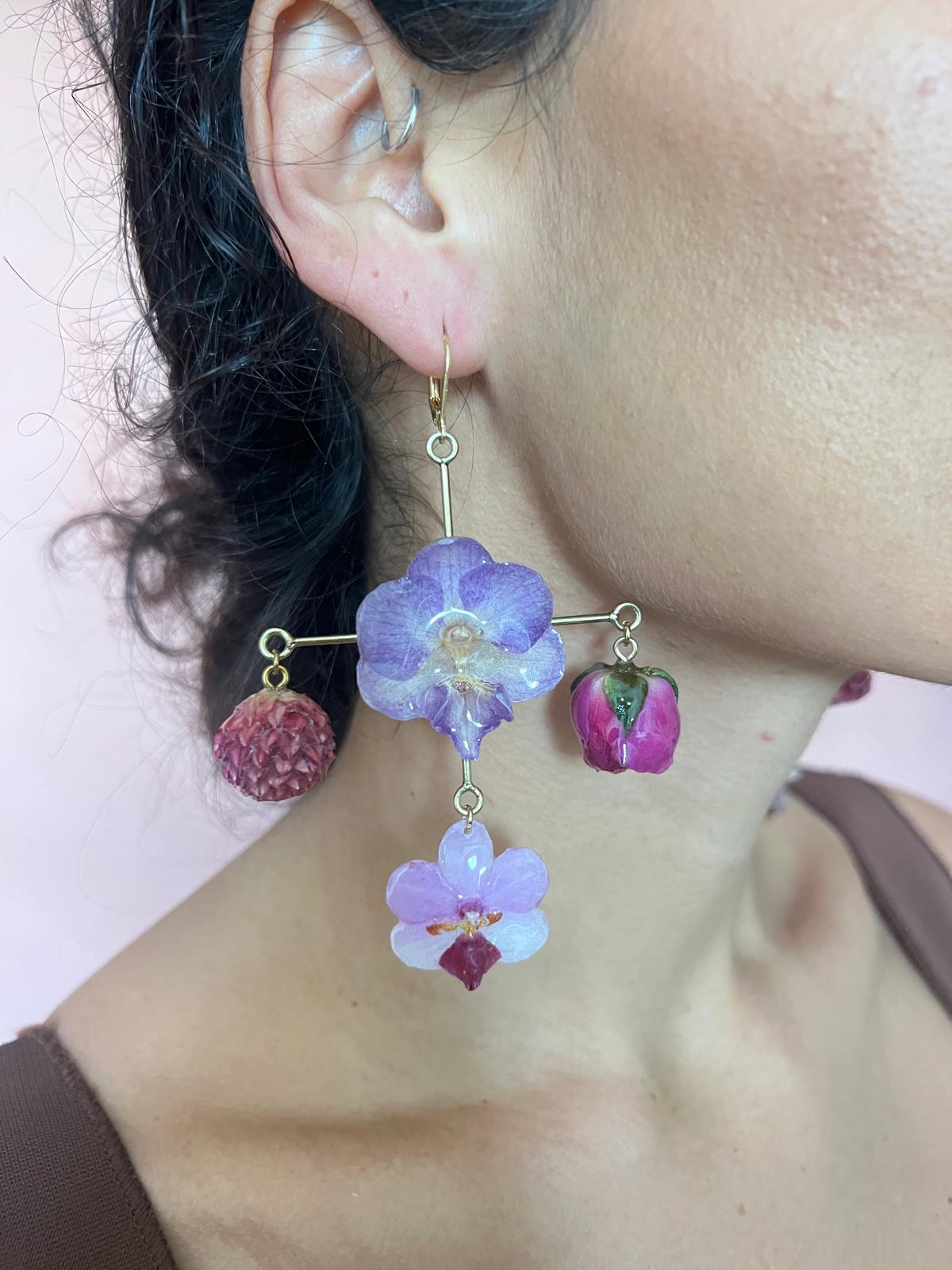 Chandelier Dangle Earrings Featuring Pink And Purple Orchid, Rose Bud And Amaranth