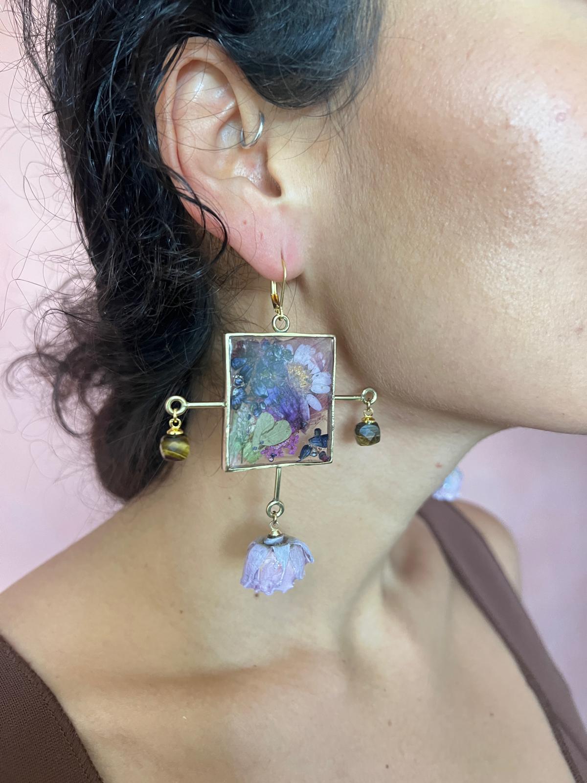 Chandelier Square Dangle Earrings Featuring Purple Rose Buds And Tiger Eye Gemstones