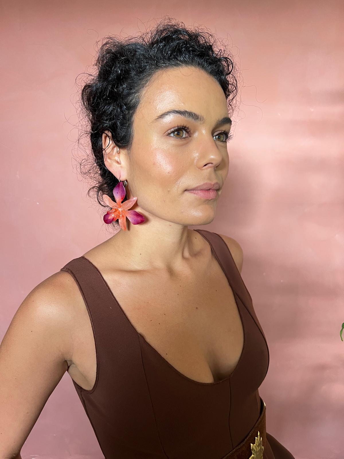 Diagonal dangling orchid earrings