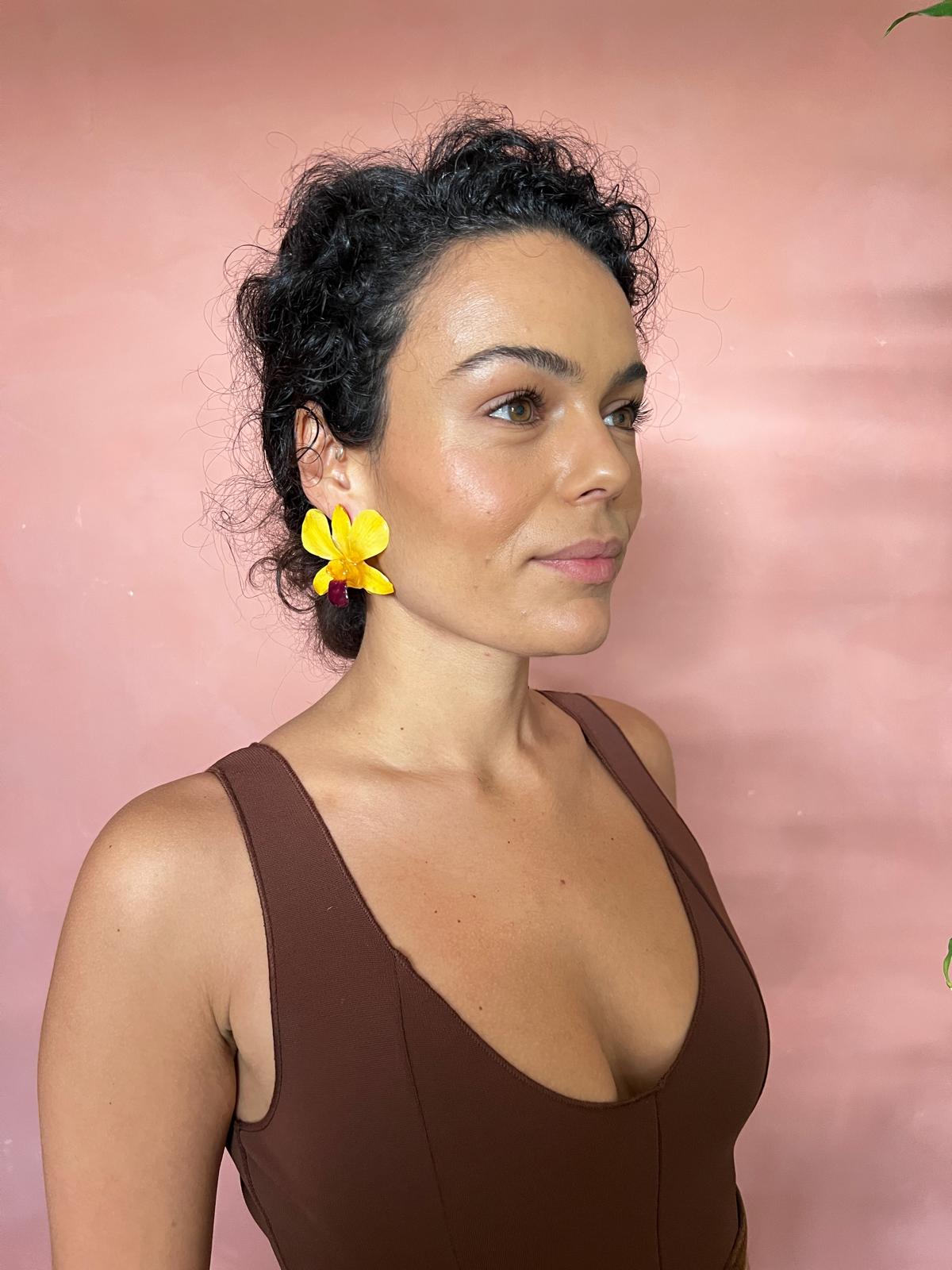 Real yellow orchid studs