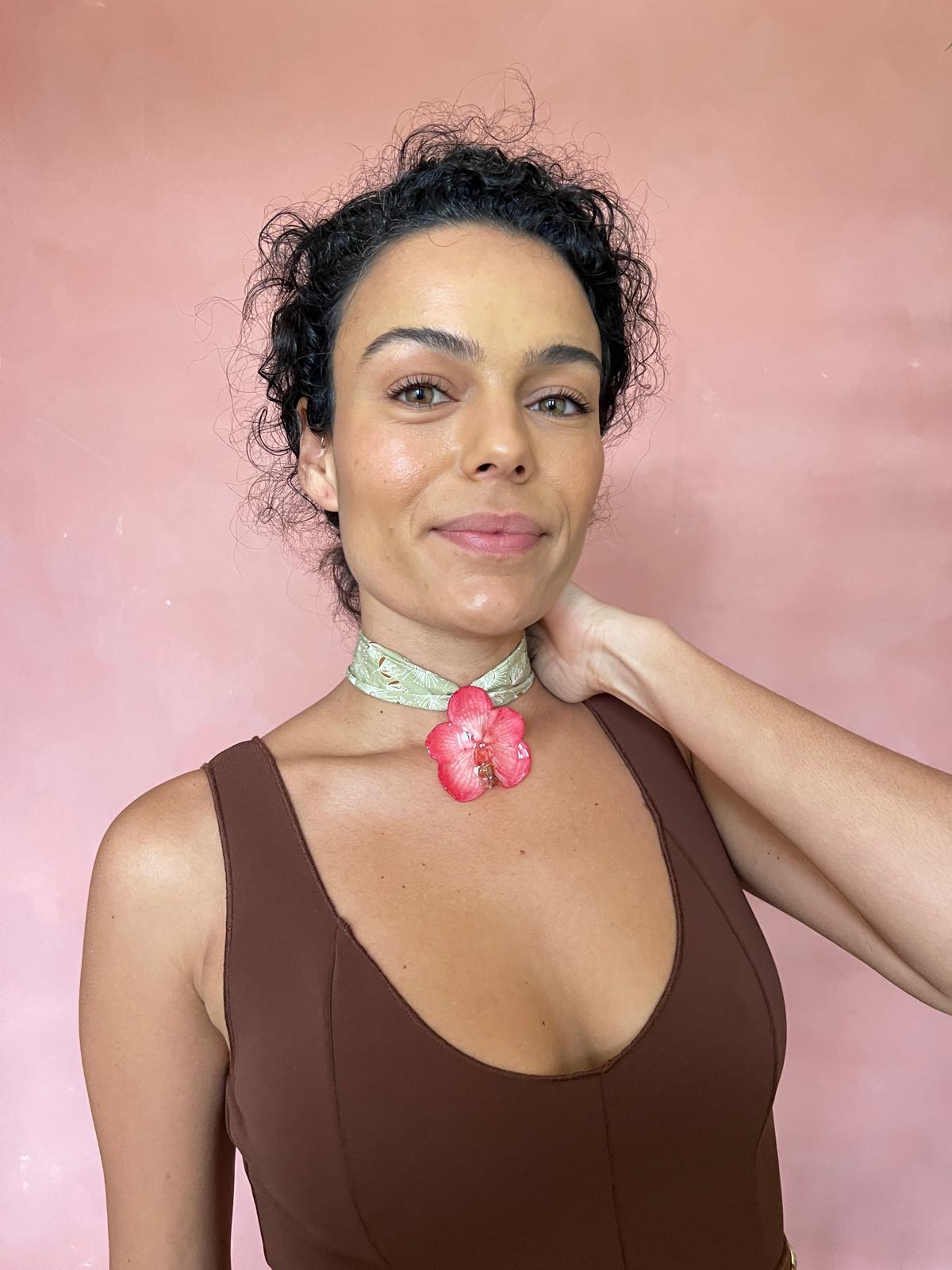 Vanda orchid on recycled fabric choker