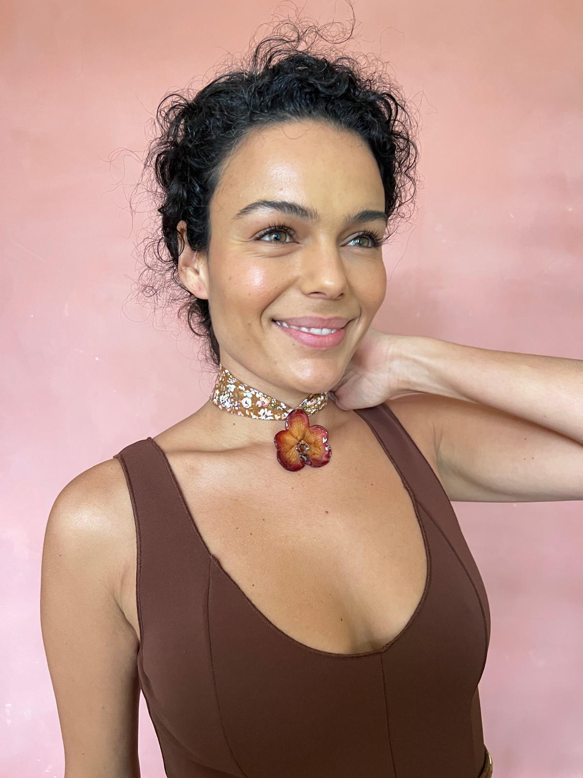 Vanda orchid on recycled fabric choker