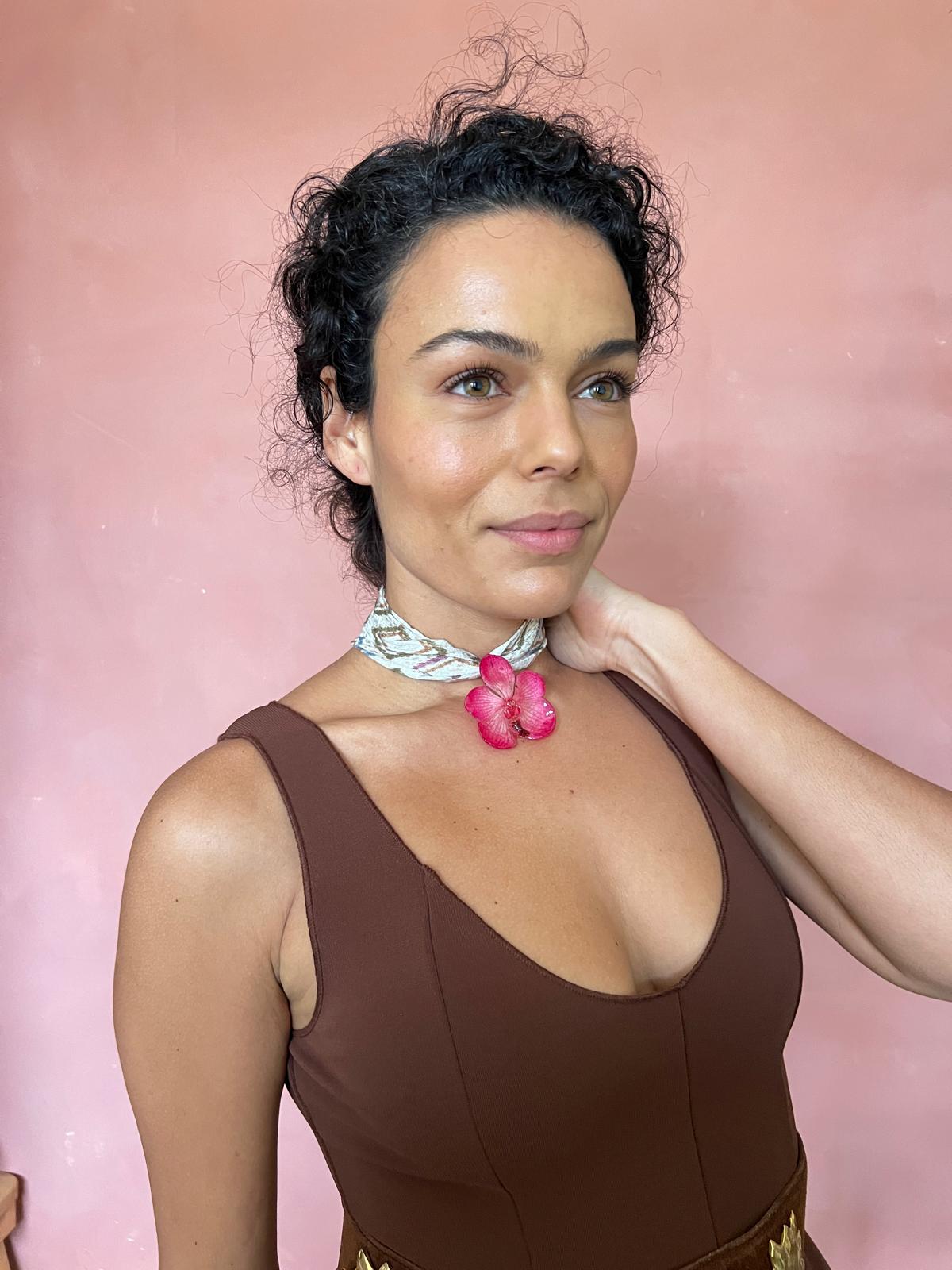 Vanda orchid on recycled fabric choker