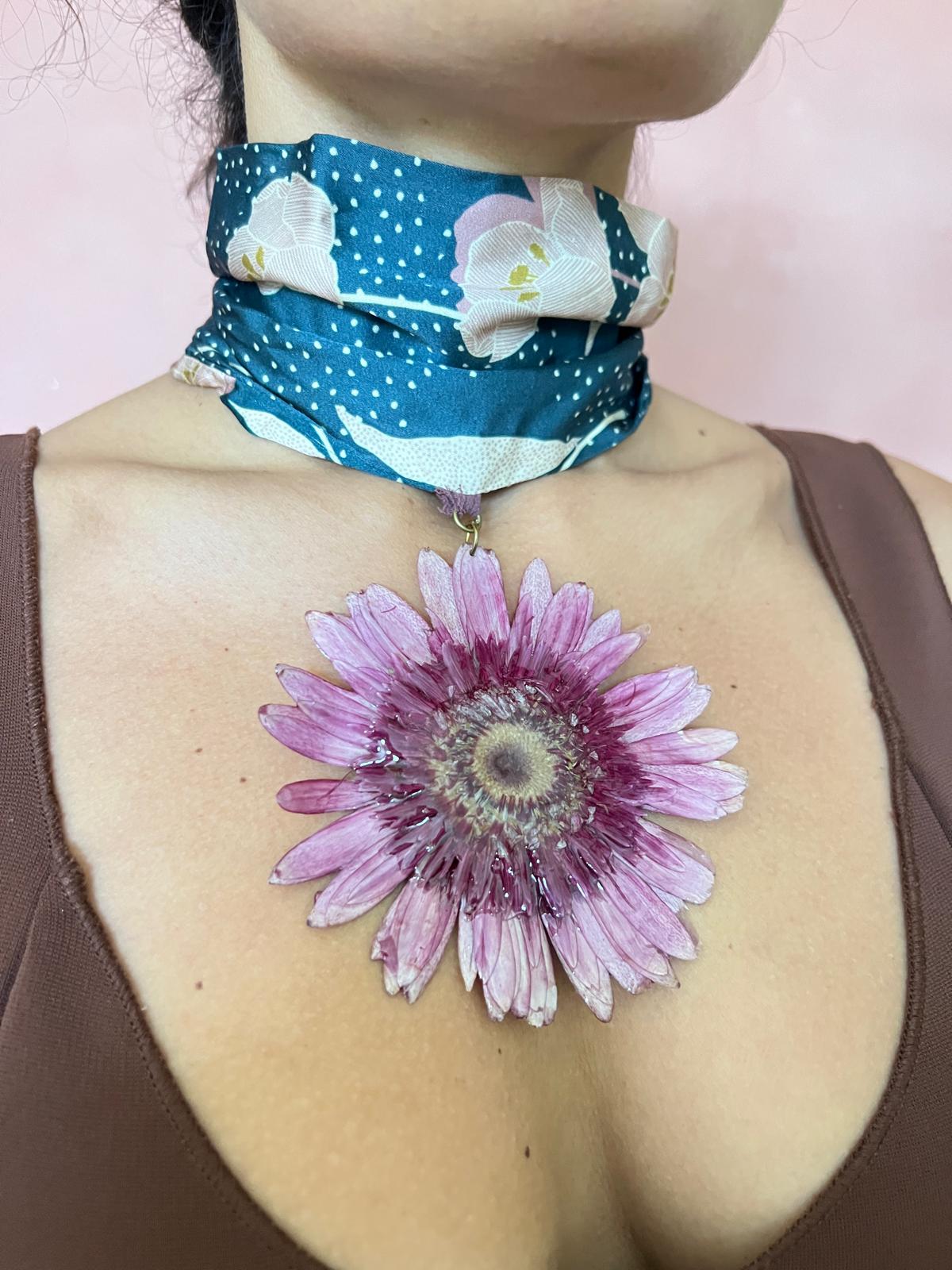XL daisy flower on satin recycled fabric choker