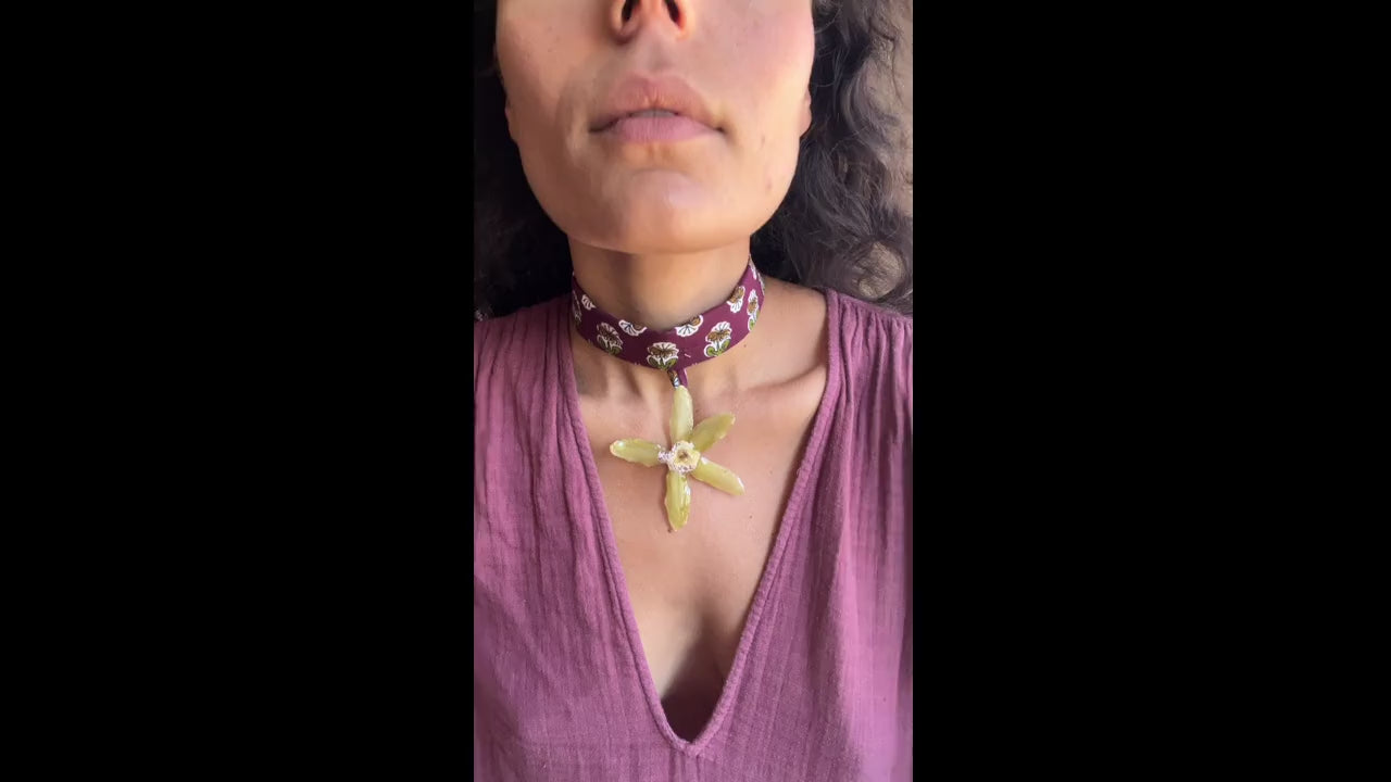 Purple Cattleya Orchid on Burgundy Hand-Printed Choker.
