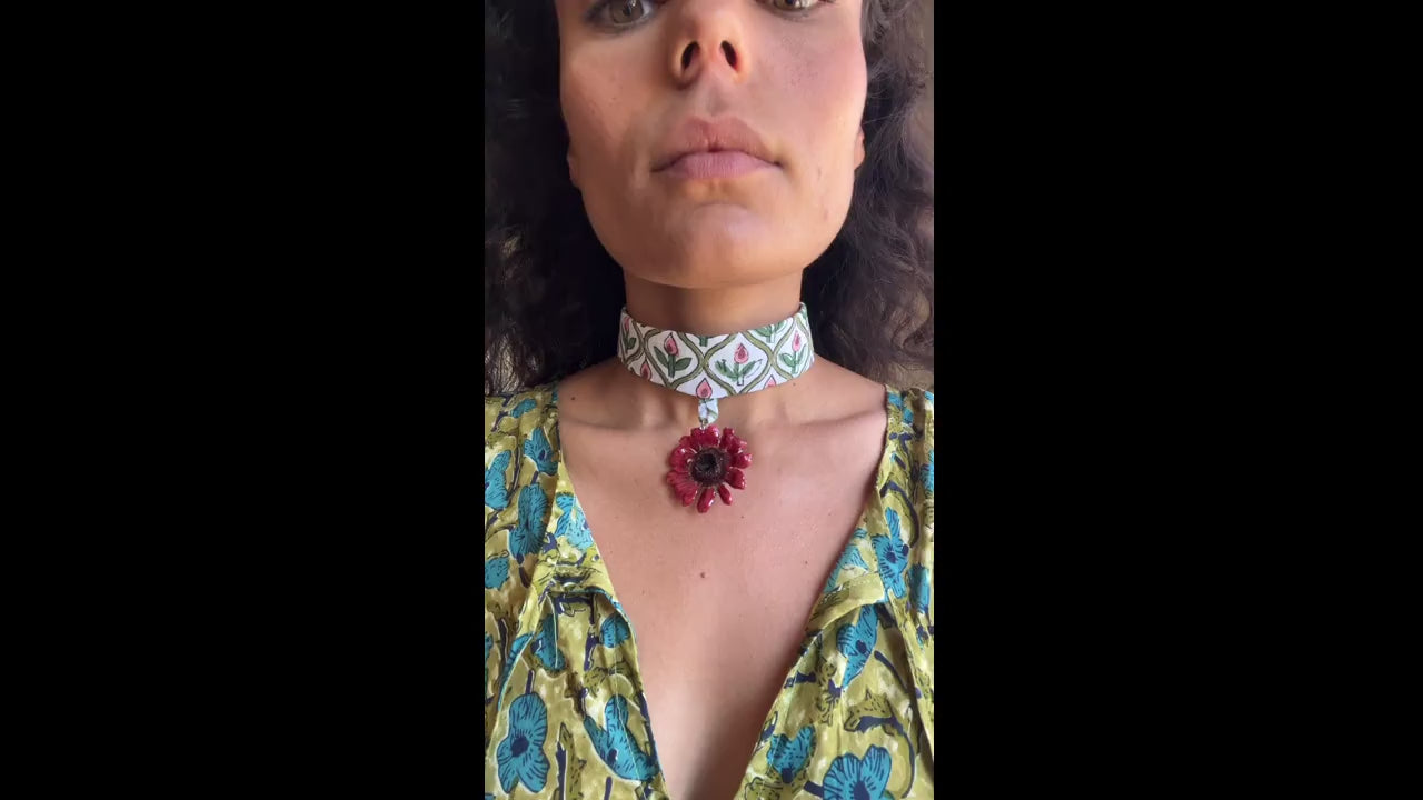 Mini Red Gerbera on White Floral Motif Hand-Printed Choker