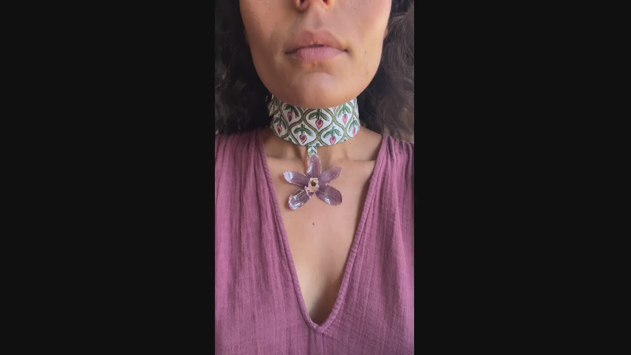Purple Cattleya Orchid on White Hand-Printed Choker