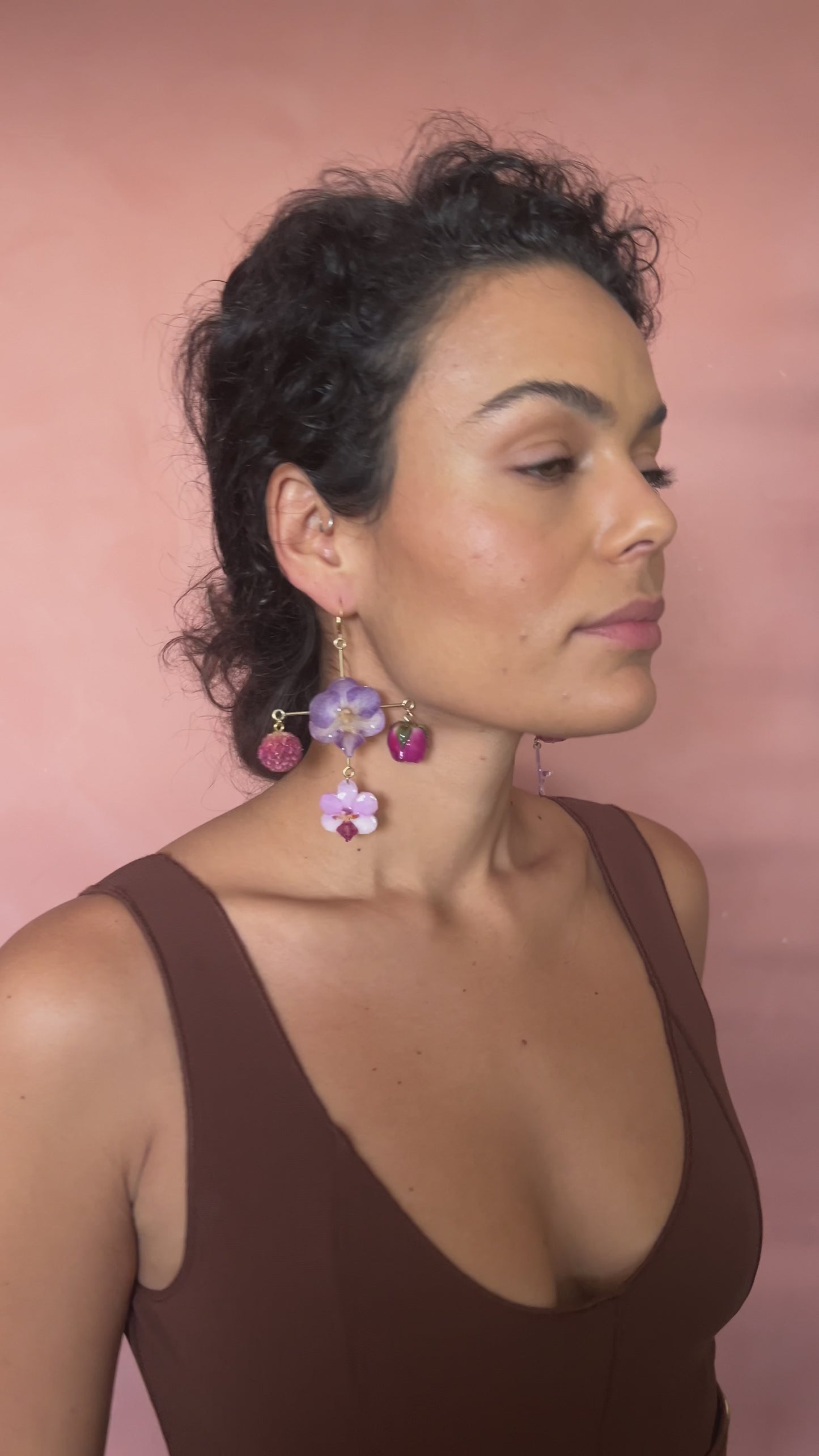 Chandelier Dangle Earrings Featuring Pink And Purple Orchid, Rose Bud And Amaranth