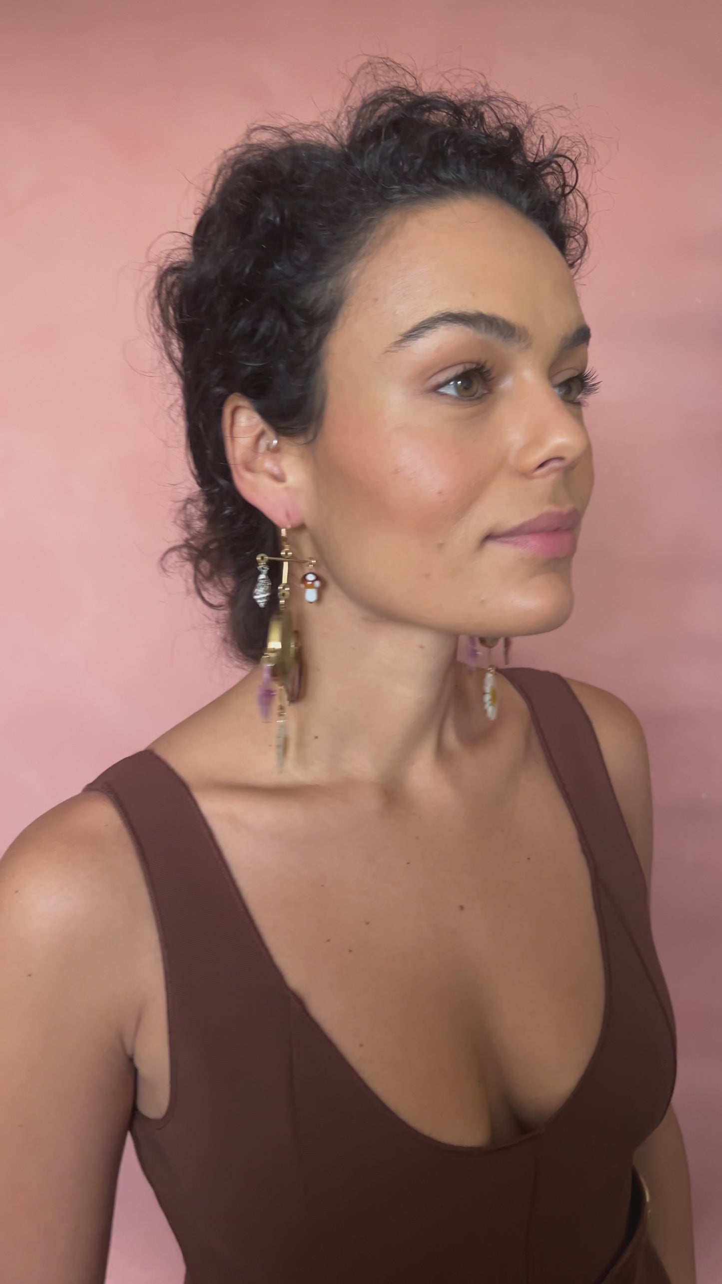 Pink Orchid Daisy Butterfly Wing Leaves Chandelier Dangle Earring