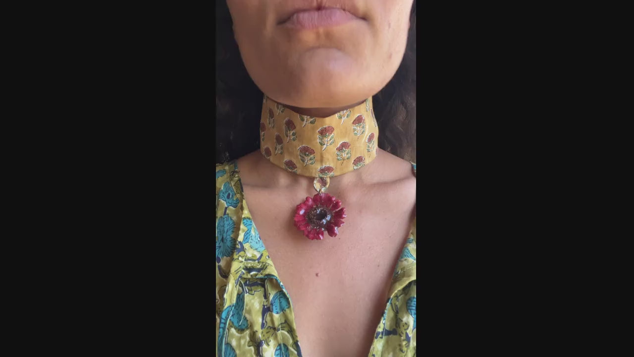 RED mini gerbara daisy on mustard choker
