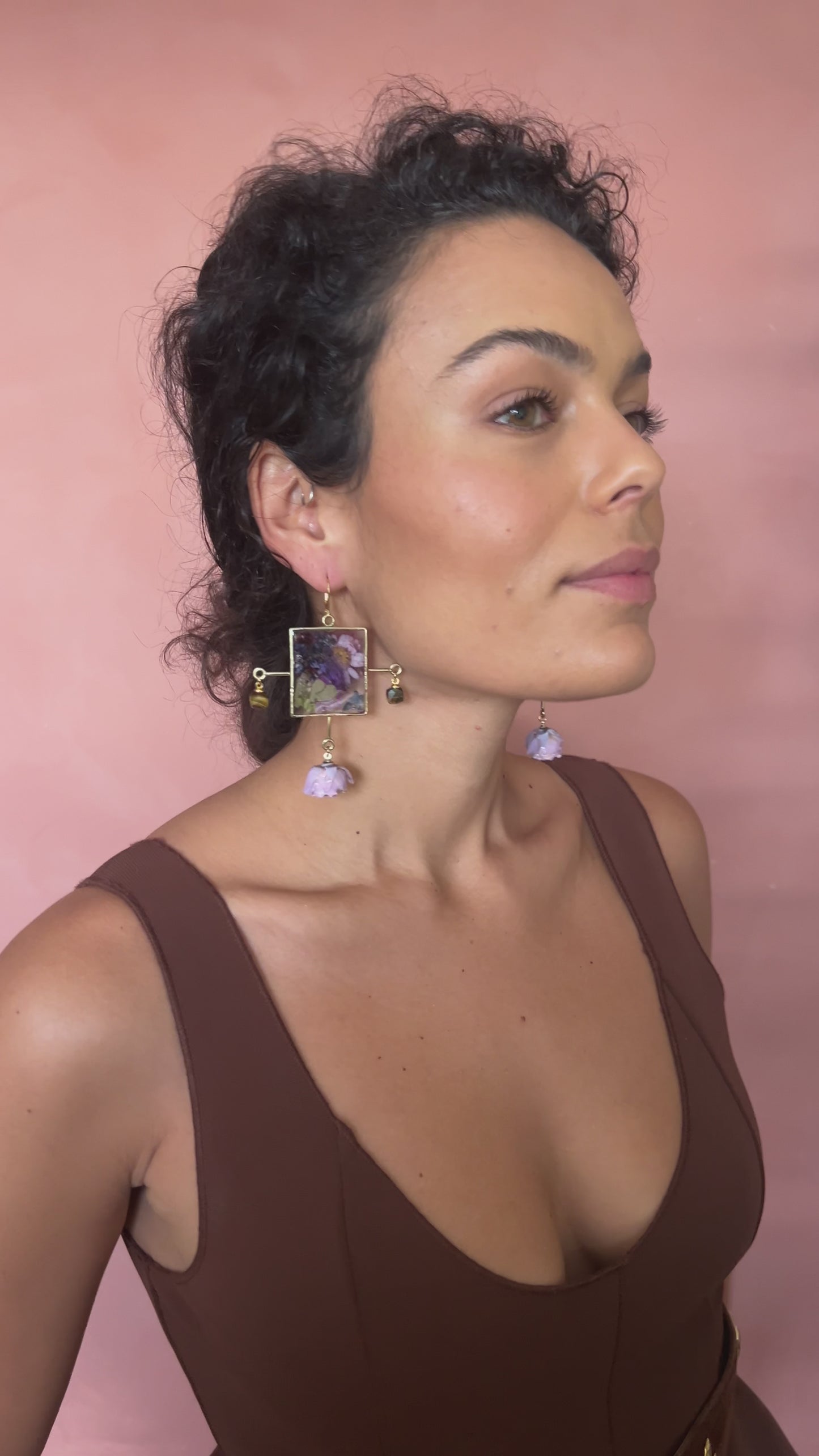 Chandelier Square Dangle Earrings Featuring Purple Rose Buds And Tiger Eye Gemstones